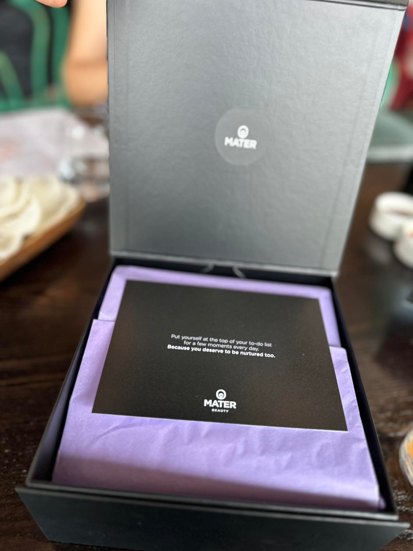 Deluxe gift packaging / MATER Beauty branded gift box with ribbon