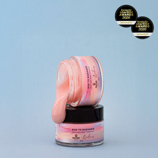 Jars of MATER Beauty Rise to Radiance Overnight Glow Treatment with pink jelly on a light blue background, featuring MATER and Amelie's branding and Beauty Shortlist Awards 2026 winner badges.
