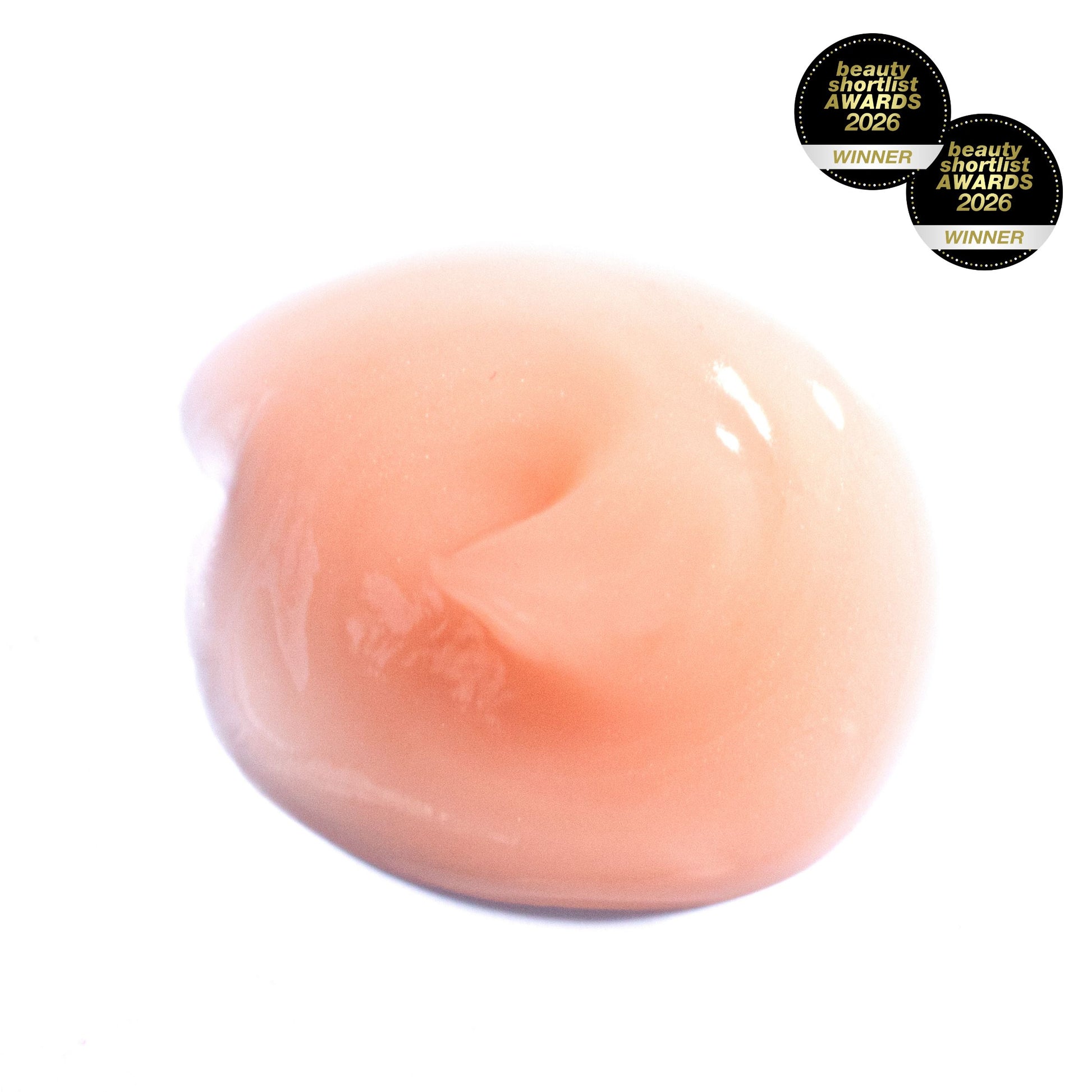 Texture swatch of MATER Beauty Rise to Radiance Overnight Glow Treatment on a white background with Beauty Shortlist Awards 2026 winner badges.
