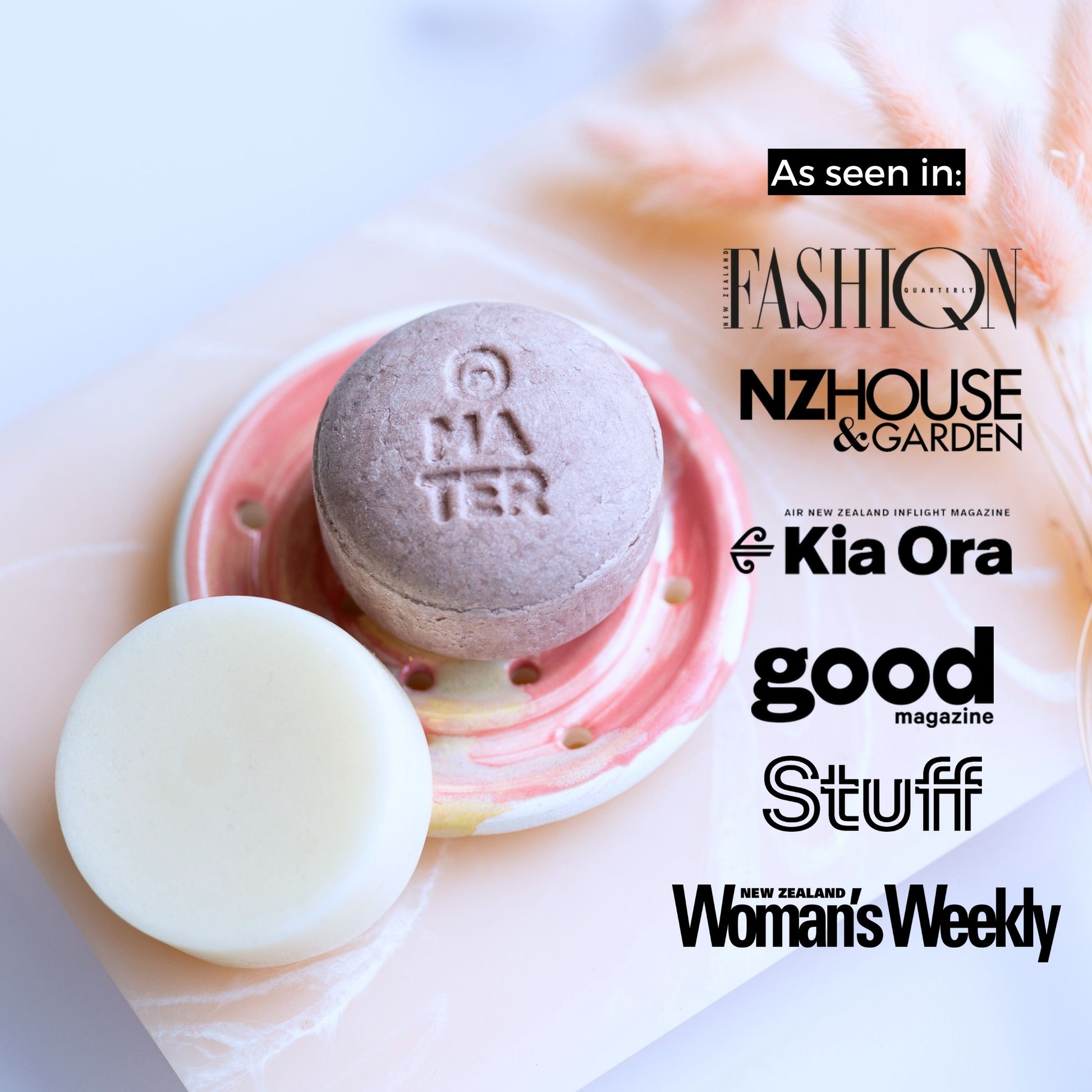 HAIR Ritual product shot T.L.C. Nourishing Shampoo Bar and Good Hair Days Supercharged Conditioner Bar with logos of magazines they have been featured in: Fashion Quarterly, NZ House & Garden, Air New Zealand Inflight Magazine, good magazine, Stuff, New Zealand Woman's Weekly