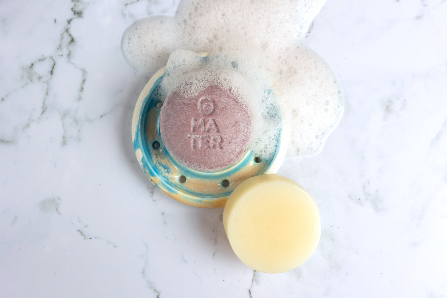 MATER Beauty solid shampoo bar and solid conditioner bar with bubbles