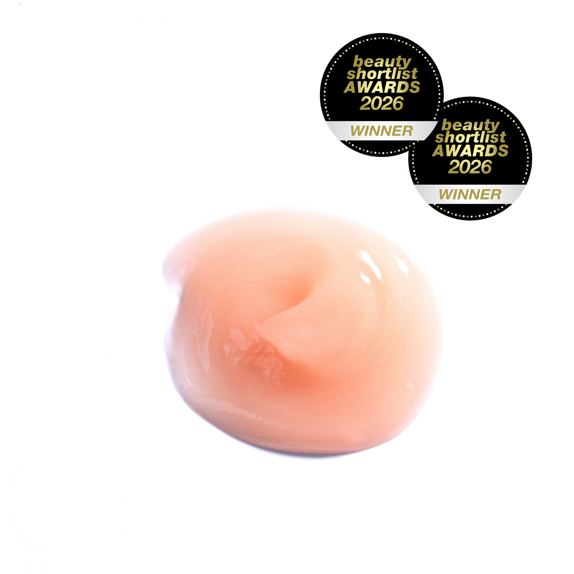 Texture swatch of MATER Beauty Rise to Radiance Overnight Glow Treatment on a white background with Beauty Shortlist Awards 2026 winner badges.